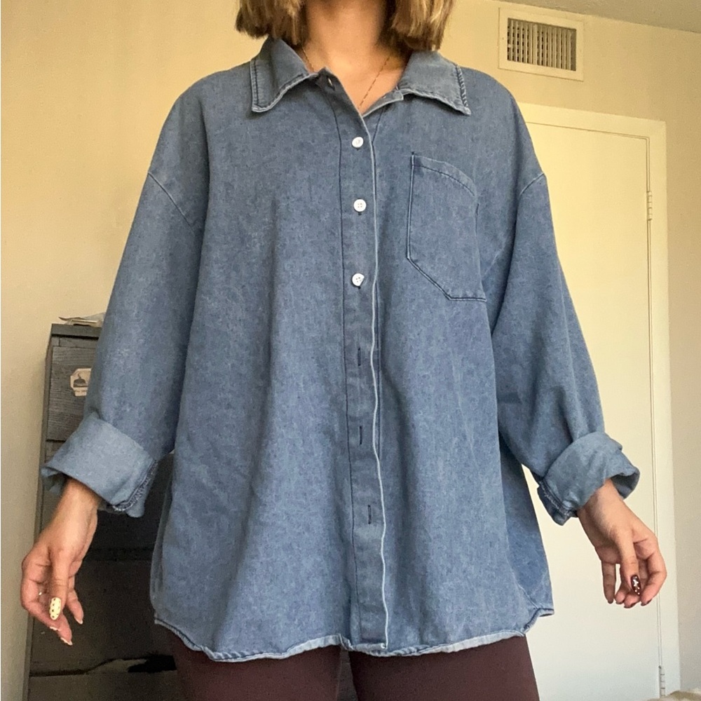 Dazy Oversized Denim Button Down Shirt Large Blue Chambray Boyfriend Shacket
